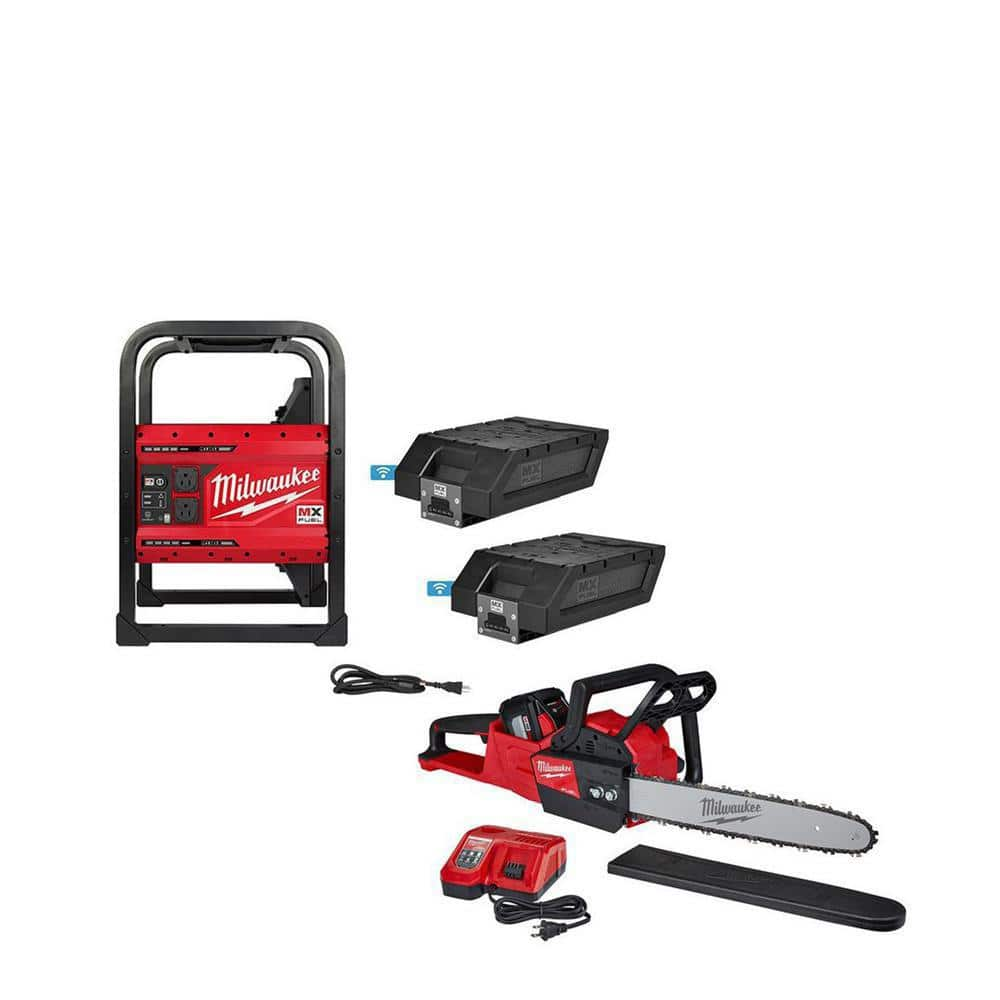 Milwaukee MX FUEL 3600 Watt 1800 Watt Lithium Ion Push Start Portable Power Station Battery Generator 16 in. Chainsaw Kit MXF002 2XC 2727 21HD The Home Depot