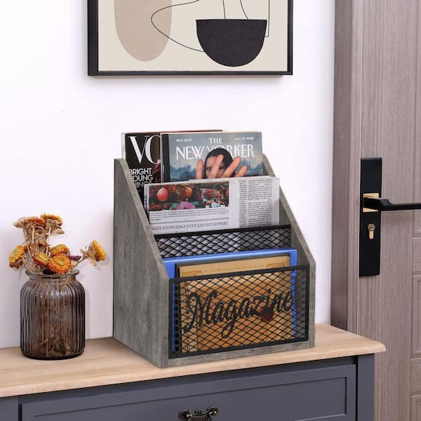 11.5 in. L x 7.7 in. W x 12.5 in. H Floor Magazine Holder, 3-Tier Magazine Rack for Magazines,Books,Newspapers, Grey