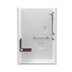 Trench Drain 48 in. x 36 in. x 76-3/4 in. 1-Piece Shower Stall Left Walnut Seat with Grab Bars and Shower Valve in White