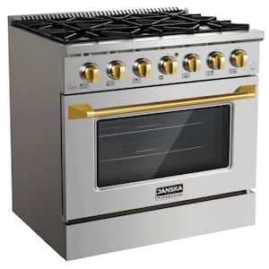 36 in. 5.2 cu. ft. 6-Burners Gas Range, Convection Oven, Griddle with Gold Knobs and Handle in Stainless Steel