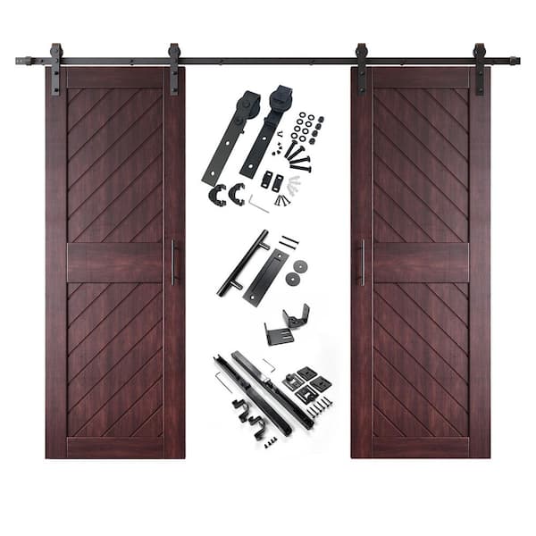 HOMACER XT1 30 in. x 84 in. C-Panel Red Mahogany Slanted Stripe Design Double Pine Wood Sliding Barn Door with Hardware Kit
