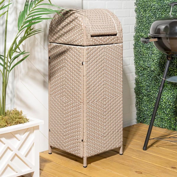 Ellison 31.39 Gal. All-Weather Wicker/Metal Swing Top Lid Hideaway Outdoor Trash Can, Light Pink/White