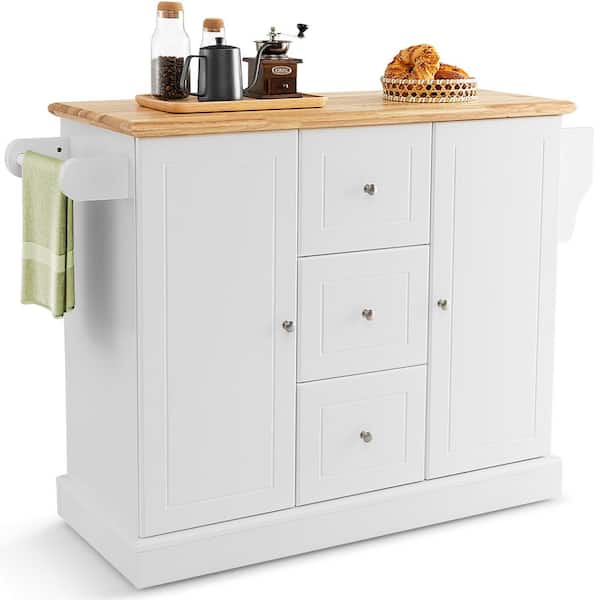 Costway White Wooden Island on Wheels Rolling Utility Kitchen Cart Drawers Cabinets Spice Rack