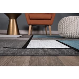 Contemporary Modern Boxes Blue 24 in. x 120 in. Runner Rug