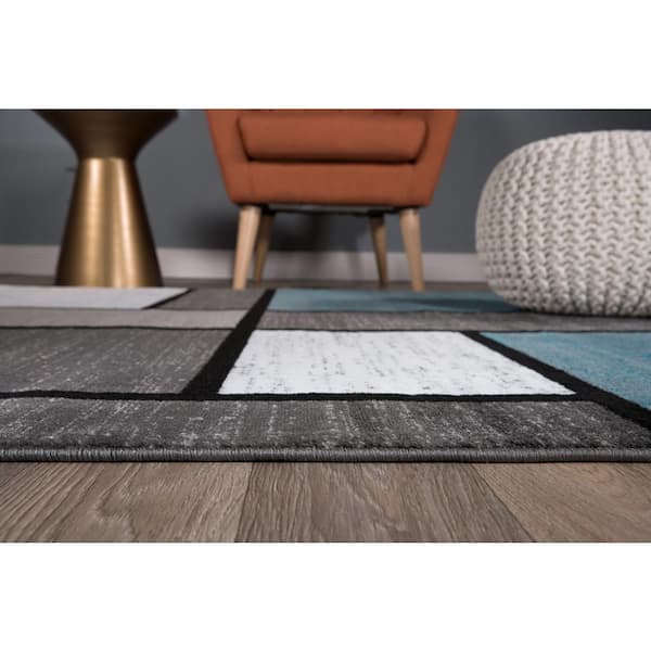 Alpine Blue 2 ft. 7 in. x 12 ft. Contemporary Modern Boxes Runner Rug