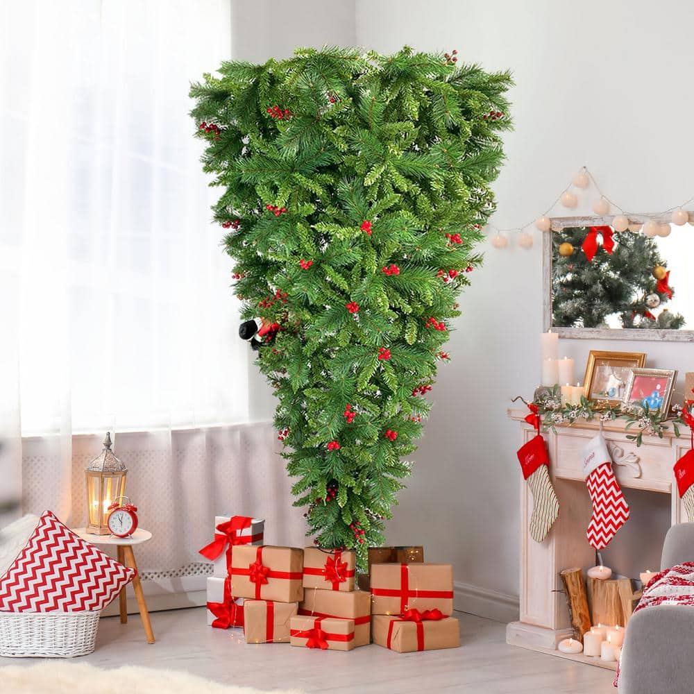 7.5 ft. Upside Down Artificial Christmas Tree Arrangement with Artificial Berries and Santa's Legs