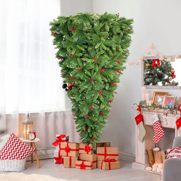 Unbranded 7.5 ft. Upside Down Artificial Christmas Tree Arrangement with Artificial Berries and Santa's Legs