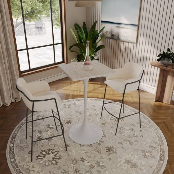 Verve 24 in. Wide Square Bar Height Dining Table MDF Wood Tabletop in White Stainless Steel Pedestal Base, Natural Wood