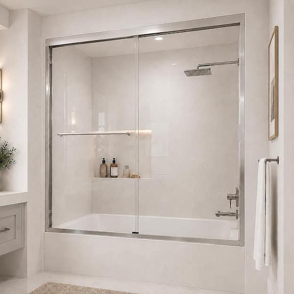 Nebula 60 in. W x 56 in. H Sliding Bath Tub Door in Semi Frameless in Silver with Clear Glass