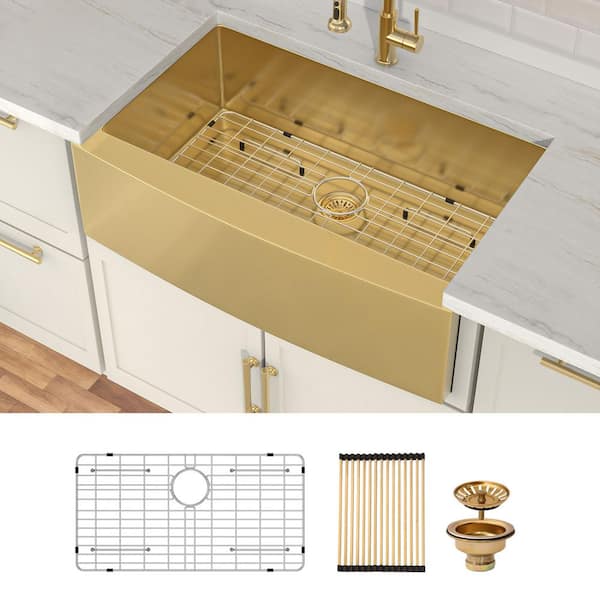 LORDEAR 36 in. x 21 in.Gold Apront Single Bowl T304 Stainless Steel 16-Gauge Farmhouse Kitchen Sink with Bottom Grid