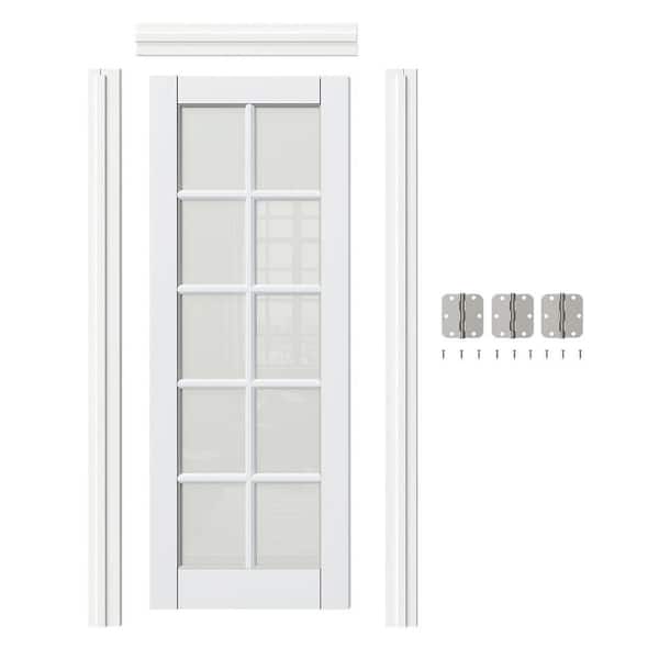 TENONER 30 in. x 80 in. Left-Handed 10-Lite Frosted Glass White MDF Wood Single Prehung Interior Door Jamb Hardware Kit