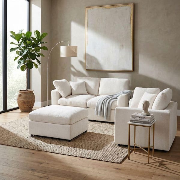 Harper & Bright Designs Modern 3-Piece Beige Chenille Fabric Living Room Set Sofa Set with 1-Loveseat, 1-Arm Chairs, 1-Ottoman, 2-Throw Pillows WYT256AAA