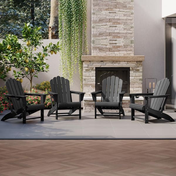 Aderson Set of 4 All Weather Fade Resistant Outdoor Patio HDPE Adirondack Chairs with Cup Holders in Black