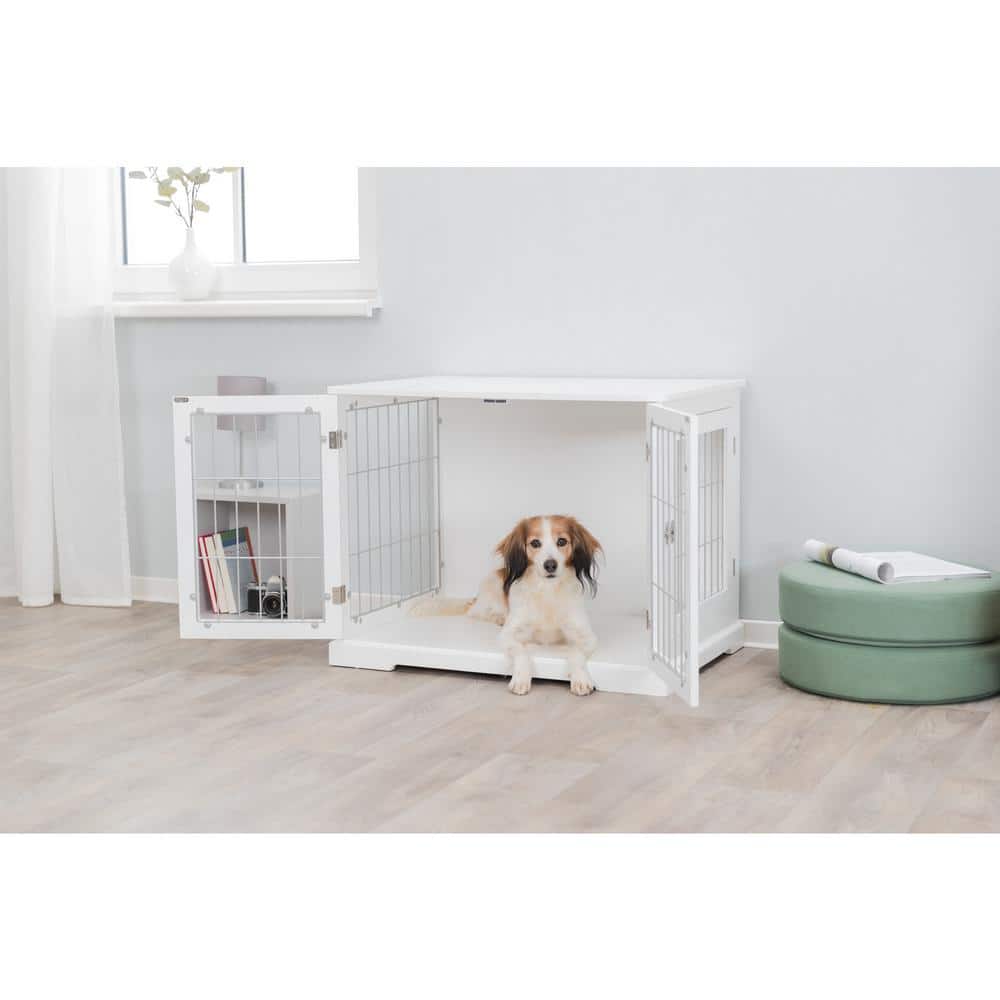 White Wooden Small Dog Crate Table with Lockable Doors