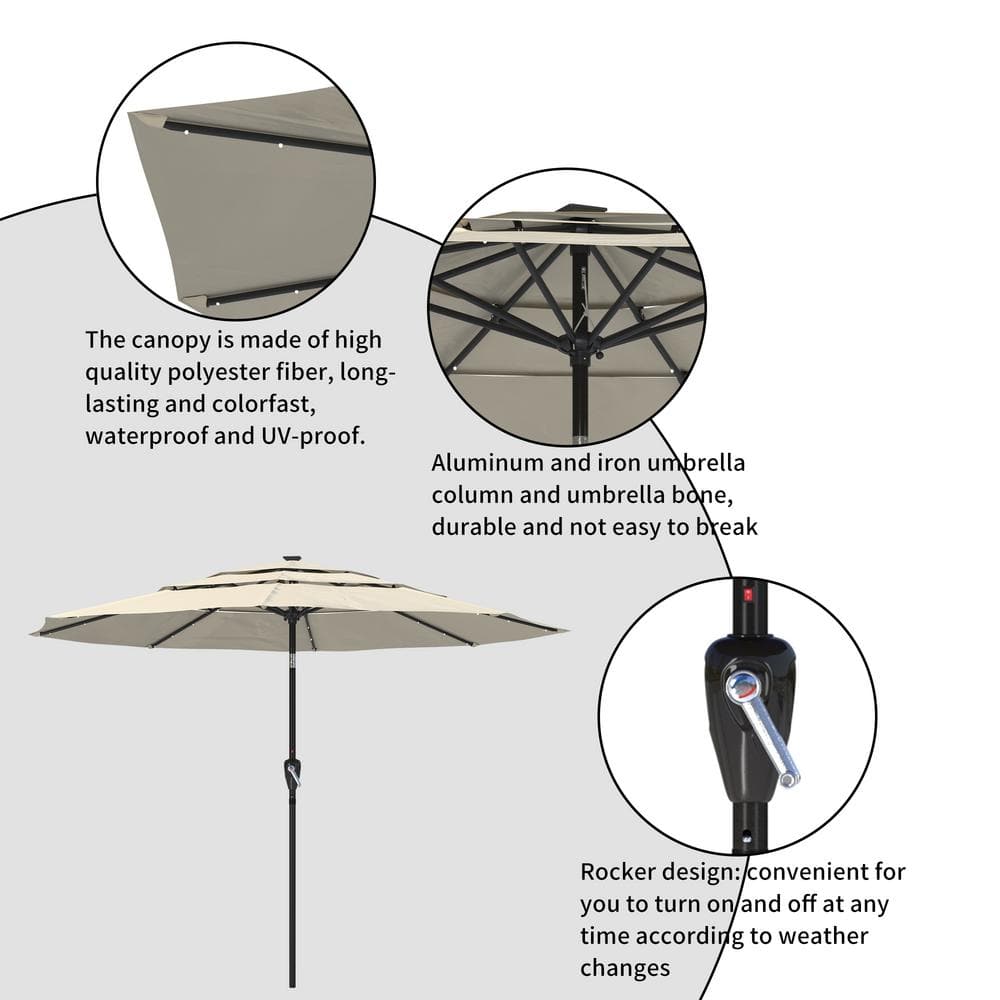 11 ft Tan Aluminum Market Patio Umbrella with LED Lights