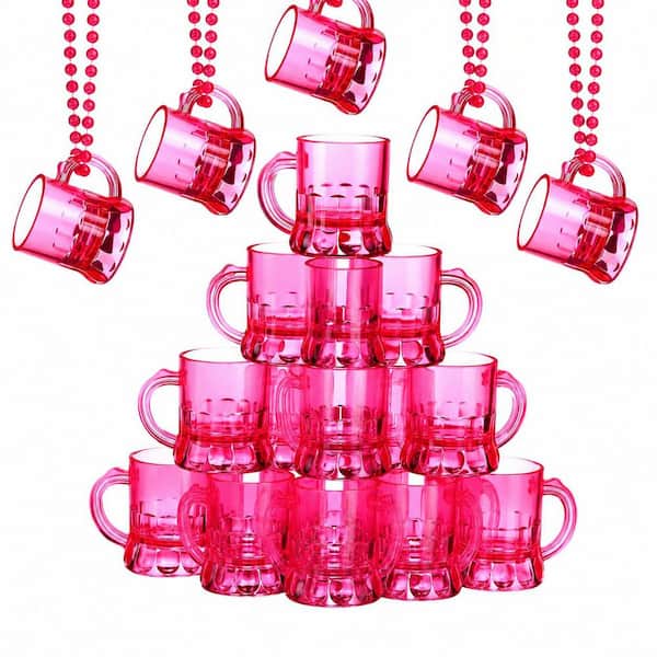 20 Pcs Reusable 1 oz Mini Plastic Shot Glasses with Handles and Beaded Necklaces in Rose Red for Parties