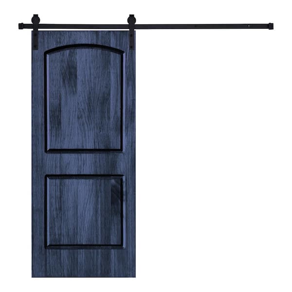 Modern 2 Panel-Roman Designed 96 in. x 42 in. Wood Panel Royal Navy Painted Sliding Barn Door with Hardware Kit