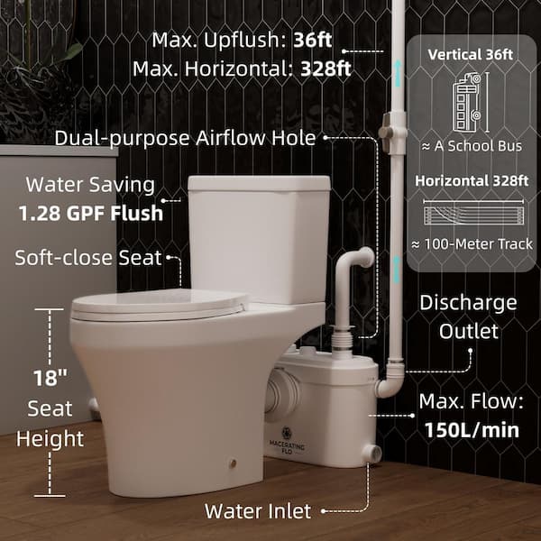 750W Upflush Toilet For Basement, Elongated Bowl, 1. 28GPF Single Flush, 18 in. Seat Height, 2-Piece, Extension Pipes