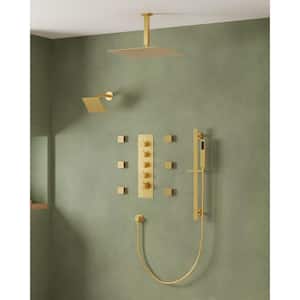 15-Spray Patterns 16 and 6 in. Square Dual Shower Head Ceiling Mount Fixed and Handheld Shower Head in Brushed Gold
