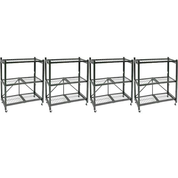 Origami 13.3 in. x 28.75 in. x 35.4 in. R3 Foldable Pewter 3-Tiered Shelving Unit Storage Rack and Wheels (4-Pack)
