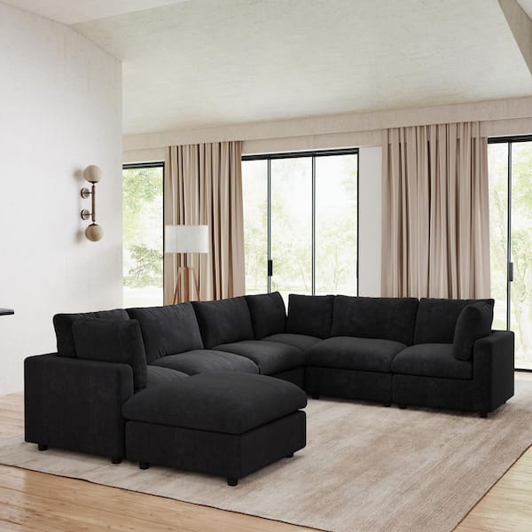 Magic Home Sofa Covers Washable, 134 in. Square Arm Chenille Modular Sofa with Ottoman and Solid Pine Wood Frame in Black