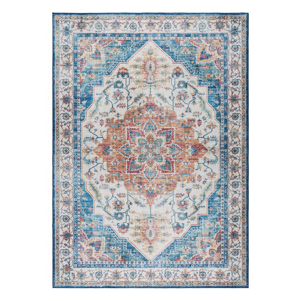 Gertmenian Blue Multi Traditional Medallion Washable Area Rug 5' x 7'