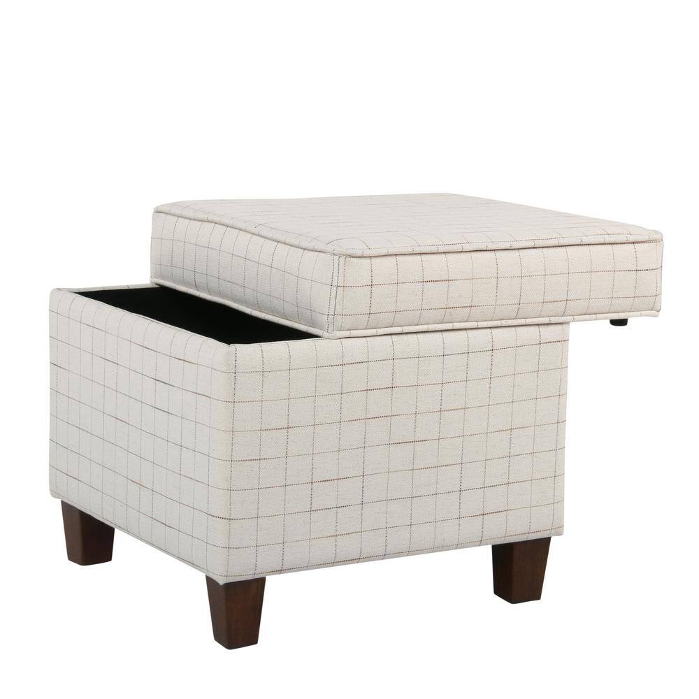 Grid-Patterned Beige and Brown Wooden Square Ottoman with Hidden Storage