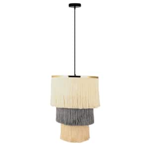 Mystique 40-Watt 1-Light Black Tiered Drum Shaded Pendant Light with Neutral Colored Fringe Shade