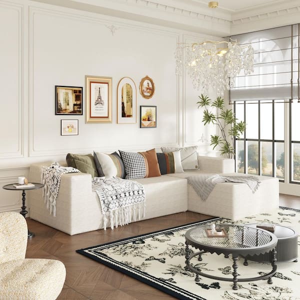 105.9 in. Rectangle Arm 2-Piece Corduroy Upholstery L-Shaped Sectional Sofa in Beige with Chaise, 5-Soft Cushions
