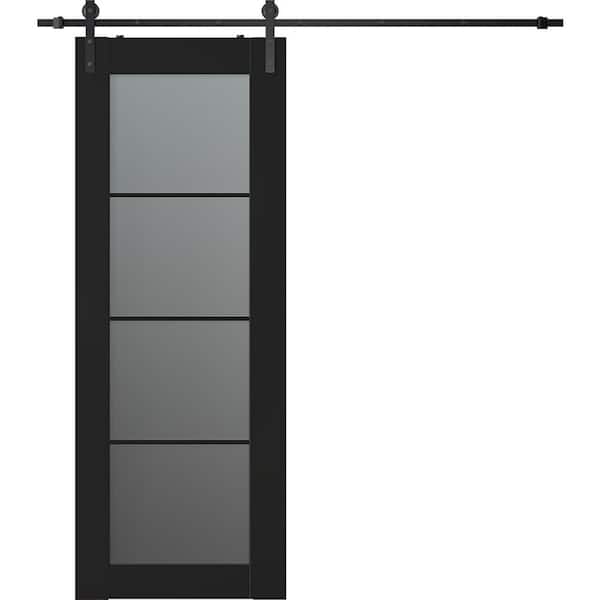 Belldinni Vona 4-Lite 28 in. x 80 in. 4-Lite Frosted Glass Black Matte Wood Composite Sliding Barn Door with Hardware Kit