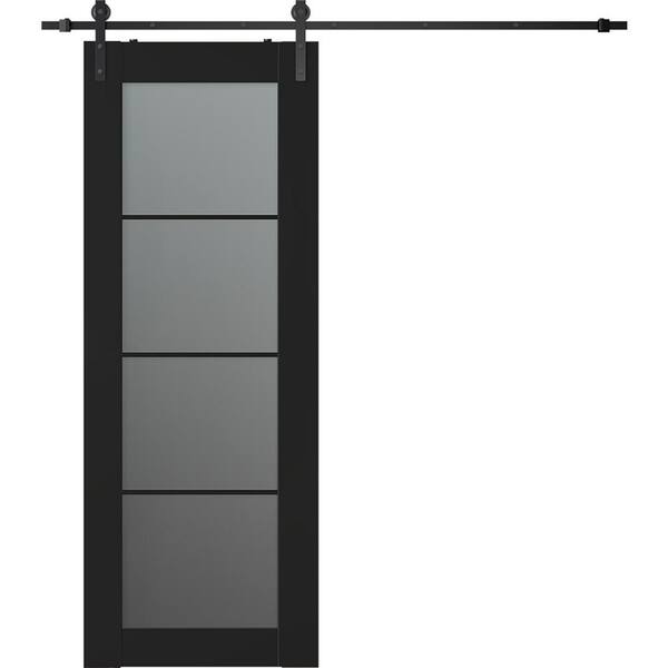 Belldinni Vona 4-Lite 32 in. x 96 in. 4-Lite Frosted Glass Black Matte Wood Composite Sliding Barn Door with Hardware Kit