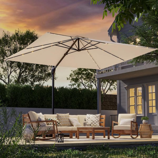 10 x 8 ft. Metal LED Rectangle Cantilever Patio Umbrella Solution-Dyed Fabric and 360° Rotation System in Sand