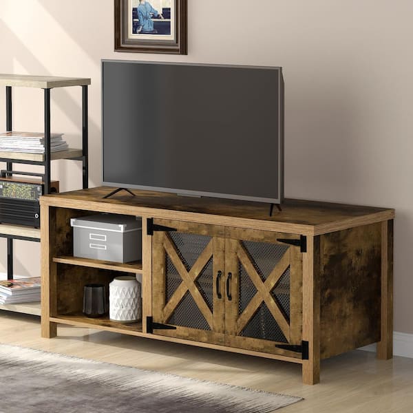 GODEER 57.9 in. Dark Brown TV Stand with Barn Door, 2 Open Compartments