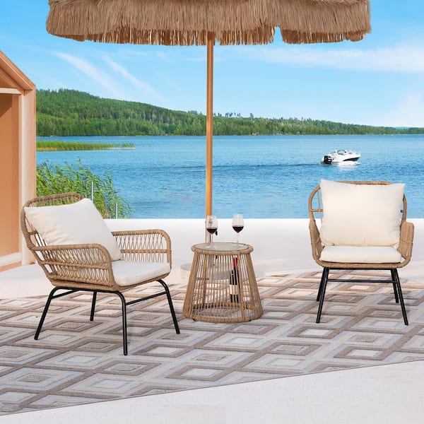 NICESOUL 3 Piece Boho Natural Wicker Oversized Patio Outdoor Conversation Chair Set with Glass Table and Beige Cushions