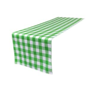 14 in. x 108 in. White and Lime Polyester Gingham Checkered Table Runner