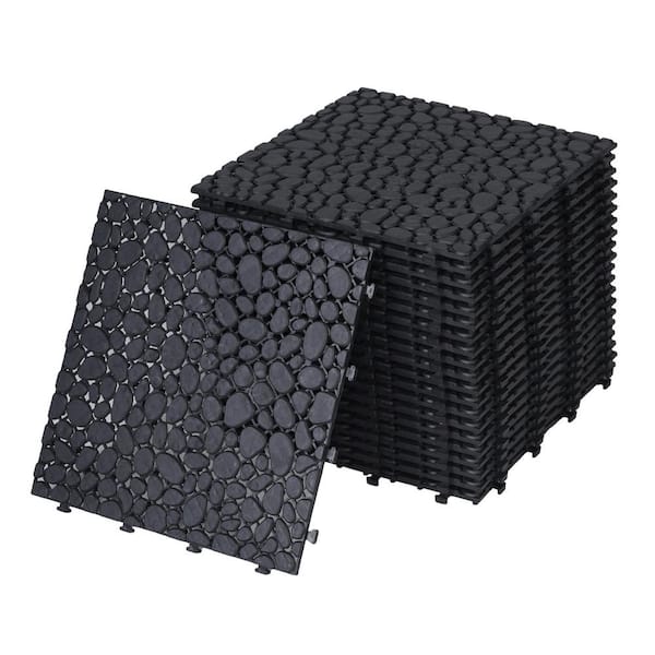 cadeninc Black 12 in. x 12 in. x 0.56 in. Thick Plastic Interlocking Deck Tiles Pebble Stone Pattern Anti-Slip 12 sq. ft. 12Pack