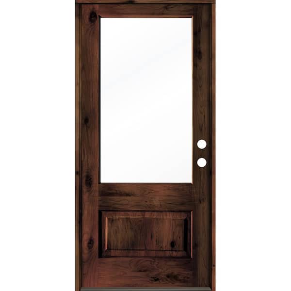 Krosswood Doors 36 in. x 80 in. Farmhouse Knotty Alder Left-Hand/Inswing 3/4-Lite Clear Glass Red Mahogany Stain Wood Prehung Front Door
