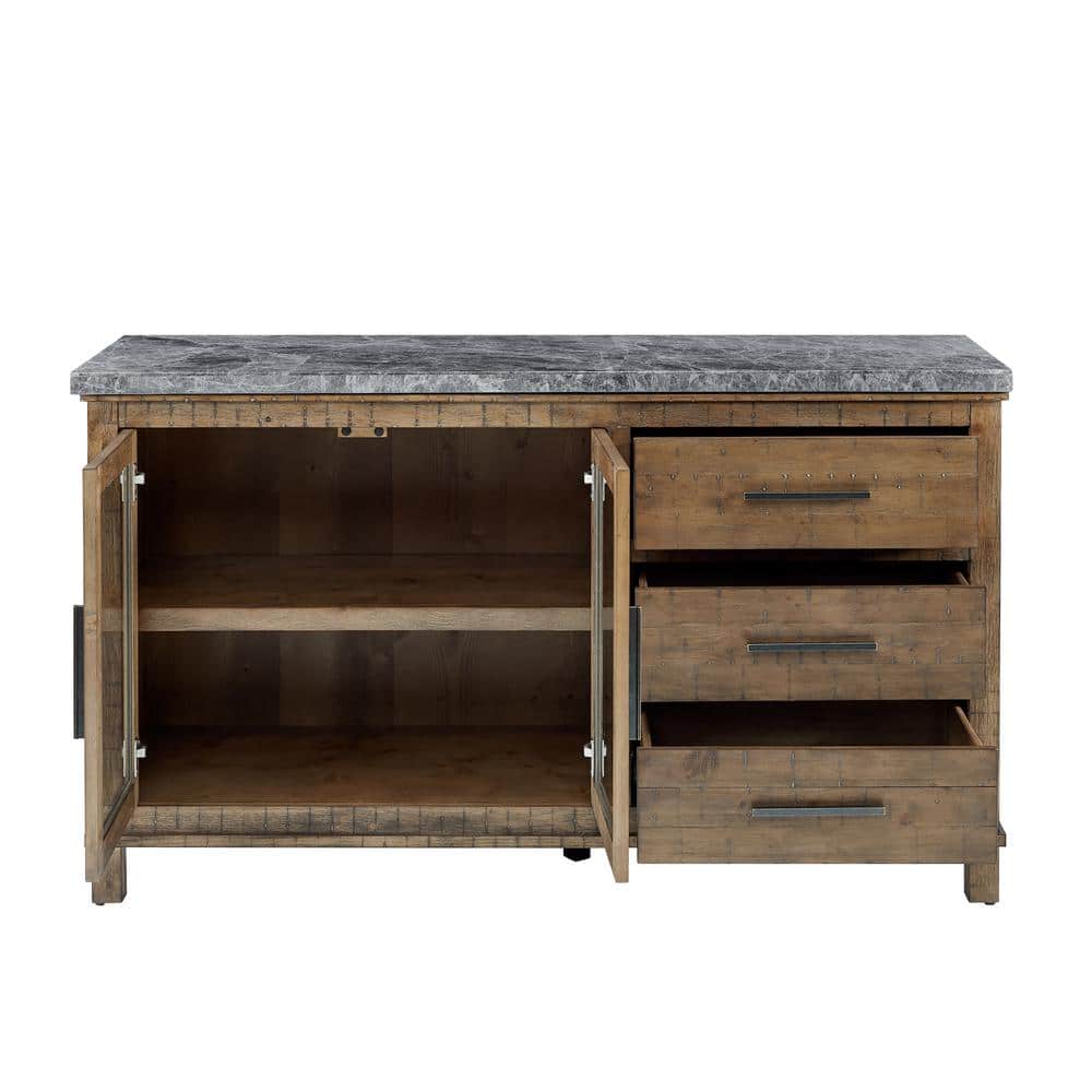 Transitional 60'' Gray Marble Top Driftwood Server with Storage