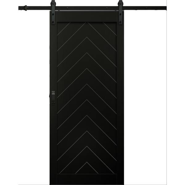 TRUporte Herringbone Chevron 36 in. x 84 in. Black MDF Sliding Barn Door with Hardware Kit and Easy Glide Soft Close