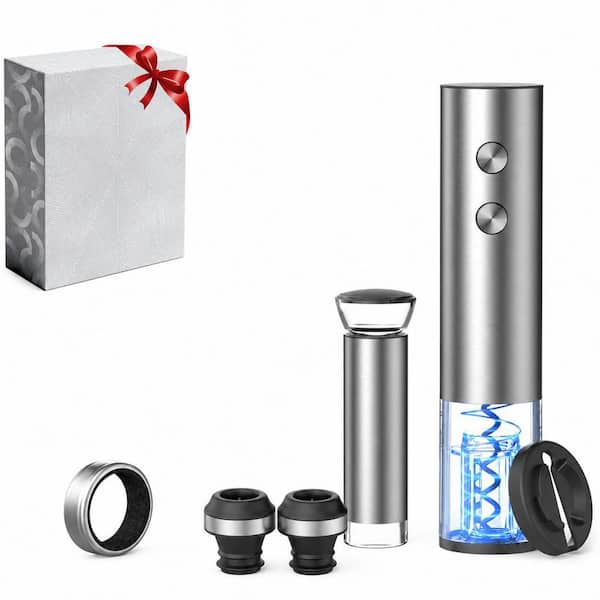 Silver 8-in-1 Stainless Steel Rechargeable Electric Wine Opener Set with Aerator, Foil Cutter and Stoppers