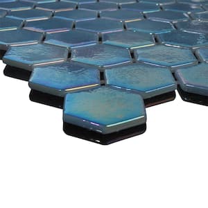 Glass Tile LOVE Selfless Blue Iridescent Mix 11 in. X 16.325 in. Hex Glossy Glass Mosaic Tile for Wall, Floor and Pool