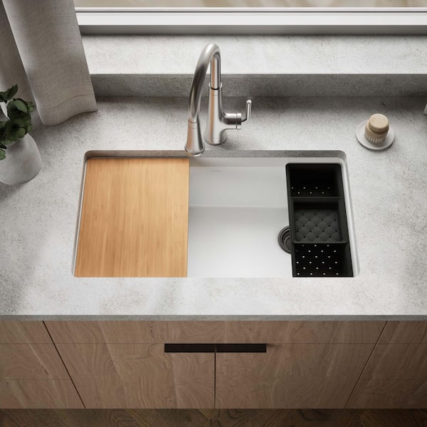 Lassen 33 in. Drop-in Single Bowl Granite Composite Kitchen Workstation Sink in Matte White with Accessories