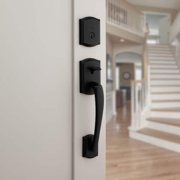 Prescott Single Cylinder Door Handleset with Sedona Door Handle featuring SmartKey Security in Matte Black