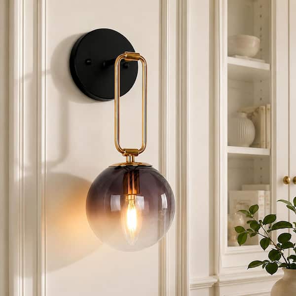 Mid-Century Modern Bathroom Sconce 14.5 in. 1-Light Black and Gold Transitional Wall Light with Gradient Purple Glass