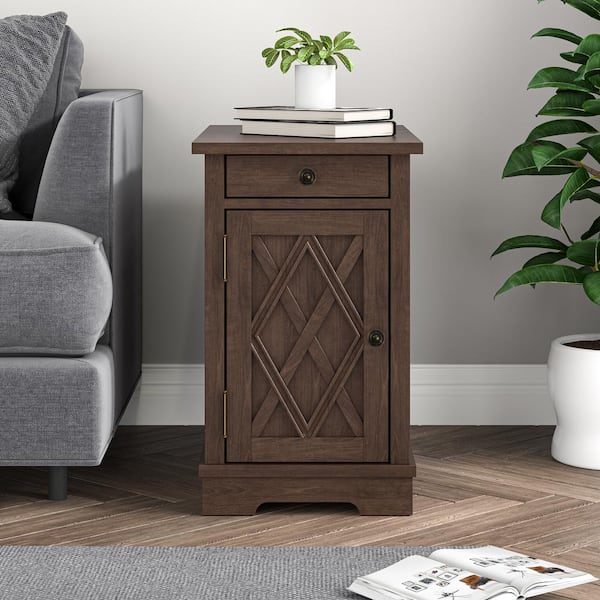 FESTIVO Farmhouse 14 in. Wild Brown Square Side Table Wood Top End Table with Adjustable Shelf and Hidden Charging Station