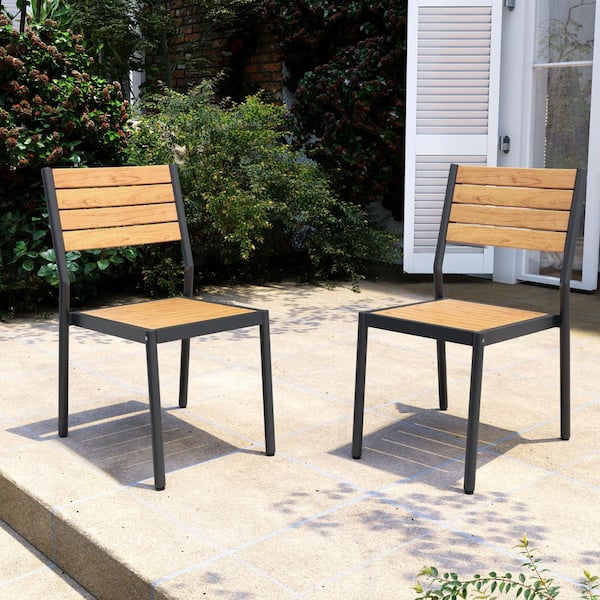 Black Stackable Armless Aluminum Patio Outdoor Dining Chair in Brown (Set of 2)