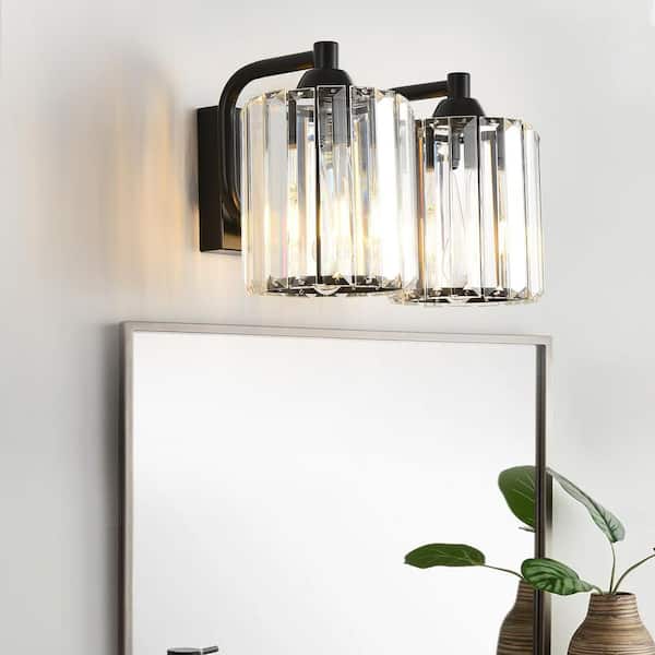 Modern 12.6 in. 2 Light Black Bathroom Vanity Light with Crystal Glass Shade