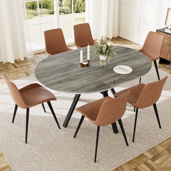 GOJANE 7-Pieces Round Walnut MDF Top Extendable Ining Table Set