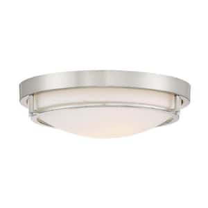 Meridian 13 in. W x 4 in. H 2-Light Semi-Flush Mount with Brushed Nickel Metal Ring and White Glass Shade