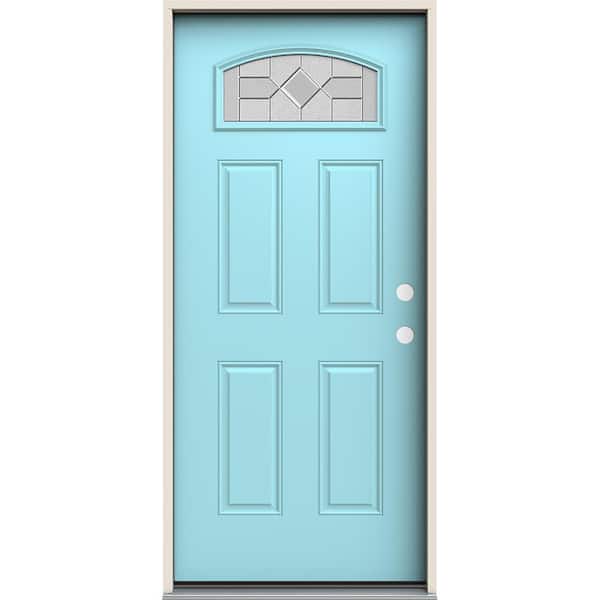 JELD-WEN 36 in. x 80 in. Left-Hand/Inswing Camber Top 1/4 Lite Caldwell Decorative Glass Caribbean Blue Steel Prehung Front Door